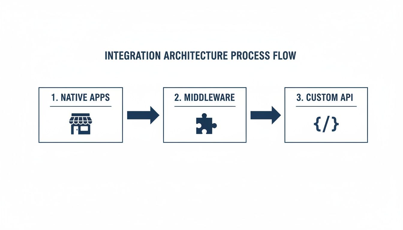 Diagram showing an integration architecture process flow from native apps to middleware to custom API.