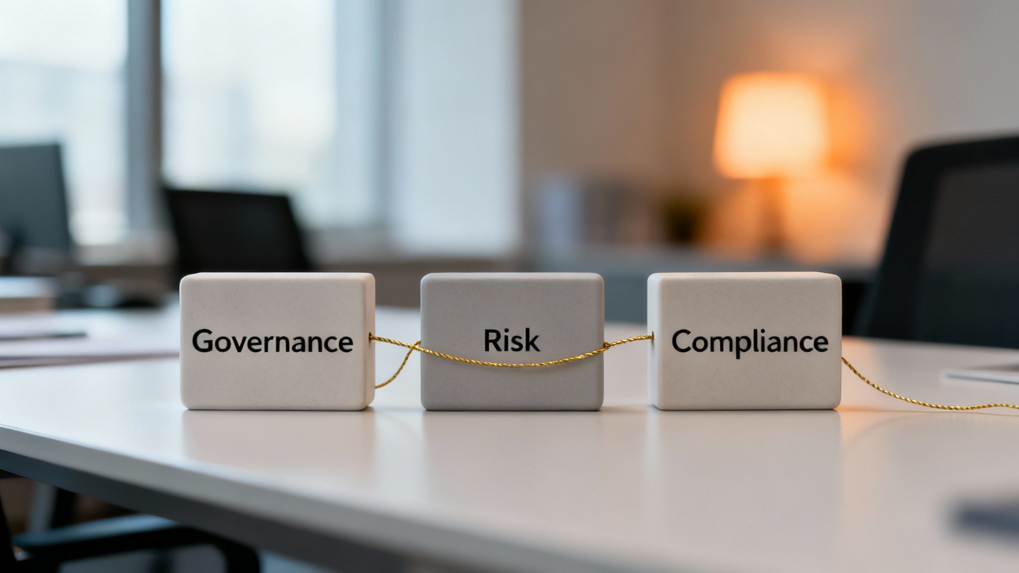 White and grey blocks labeled Governance, Risk, and Compliance, connected by a gold string on a desk.