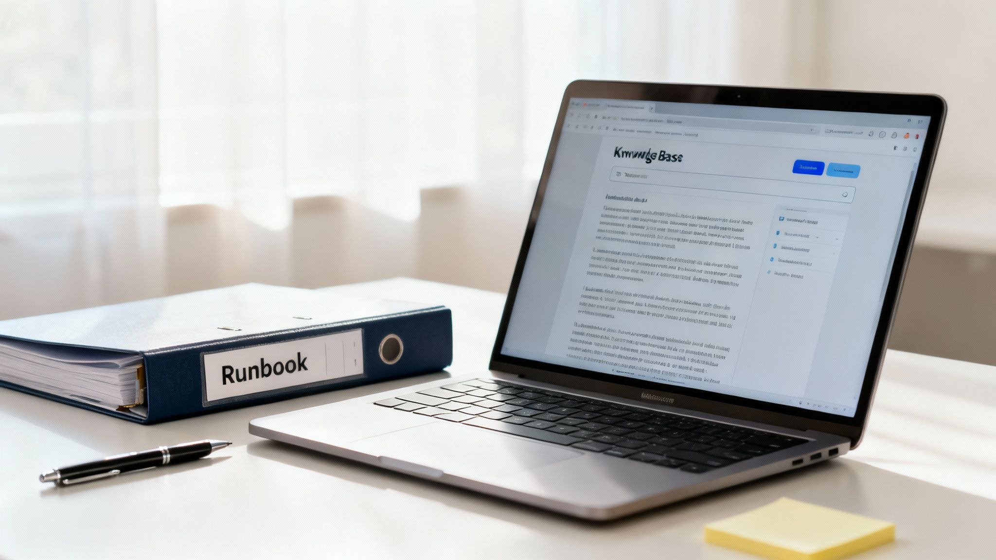 Laptop displaying knowledge base article next to runbook binder, pen and sticky notes on white desk