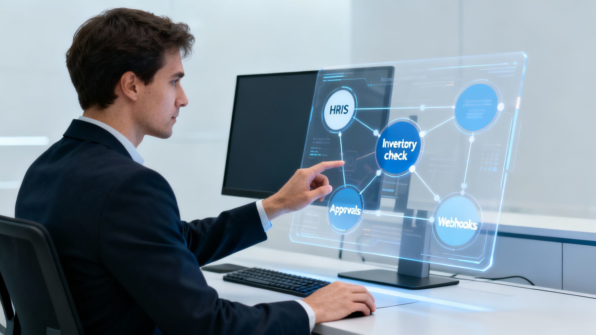 Professional businessman interacting with futuristic digital workflow automation interface showing HRIS inventory check approvals webhooks