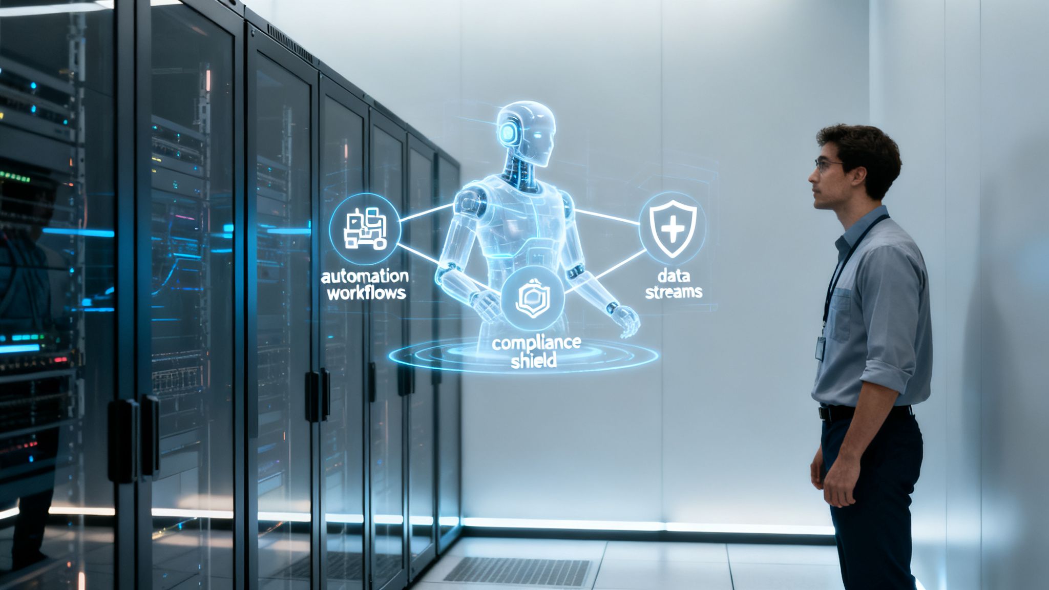 Man in data center observes an AI robot managing automation, data streams, and compliance.