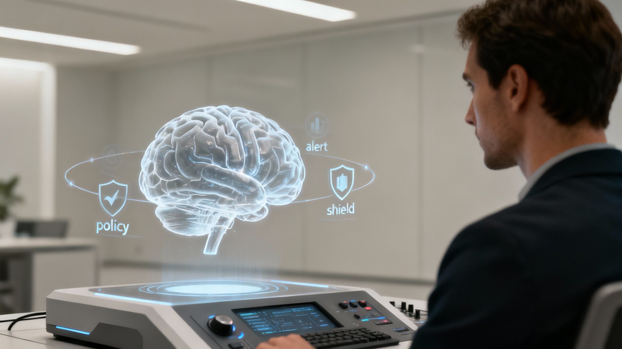 A man uses a futuristic interface to view a holographic brain with policy, alert, and shield data.