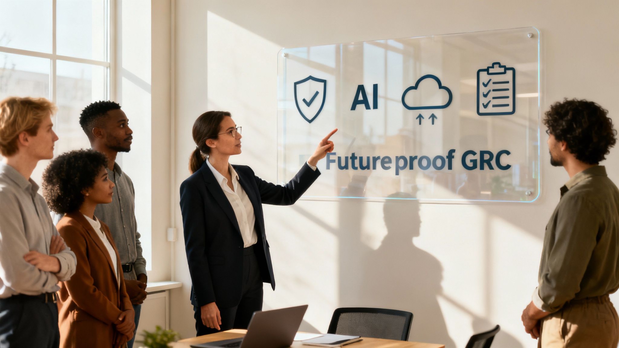 A businesswoman presents 'Futureproof GRC' on a transparent screen to a diverse team in an office.