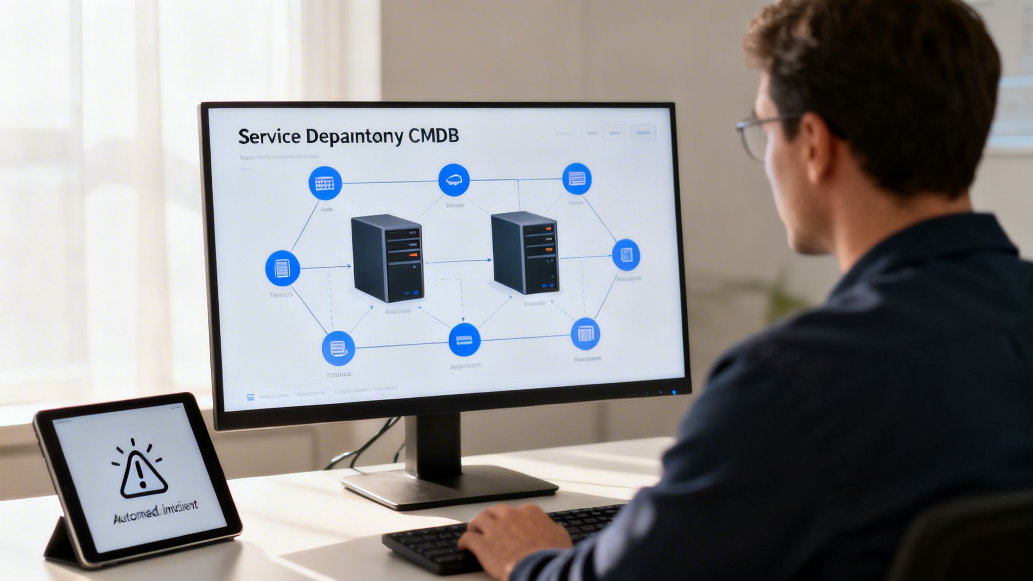 Man at a desk looking at a computer screen showing an IT service diagram, a tablet displays an incident alert.