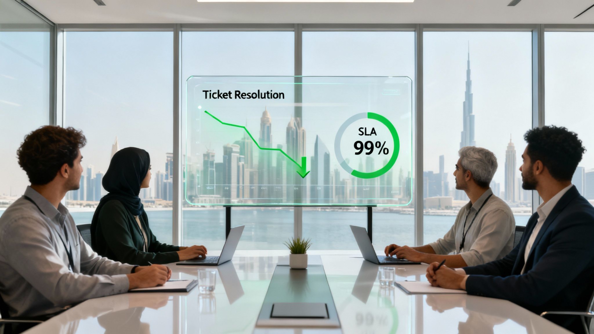 Diverse professionals analyzing business data on a transparent screen in a modern conference room with a city view.