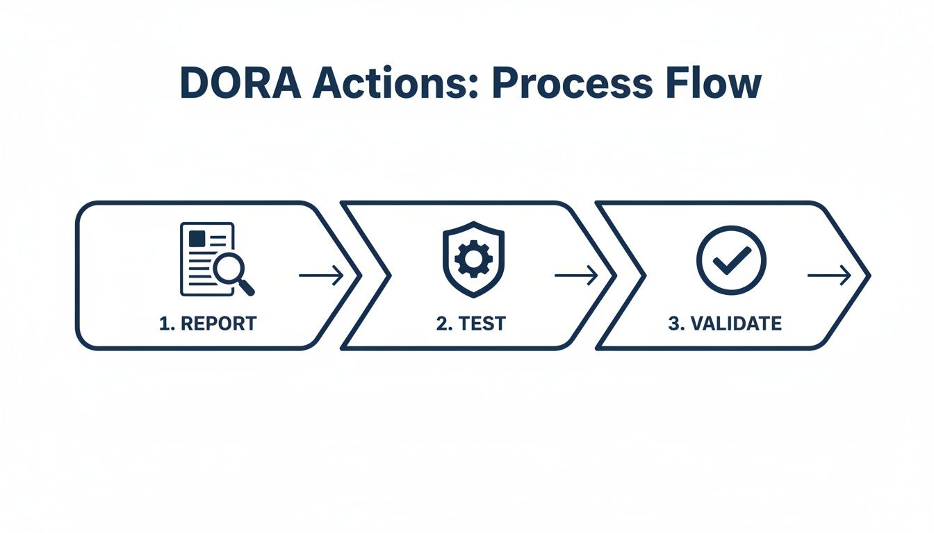 A three-step DORA Actions process flow: 1. Report, 2. Test, and 3. Validate with icons.