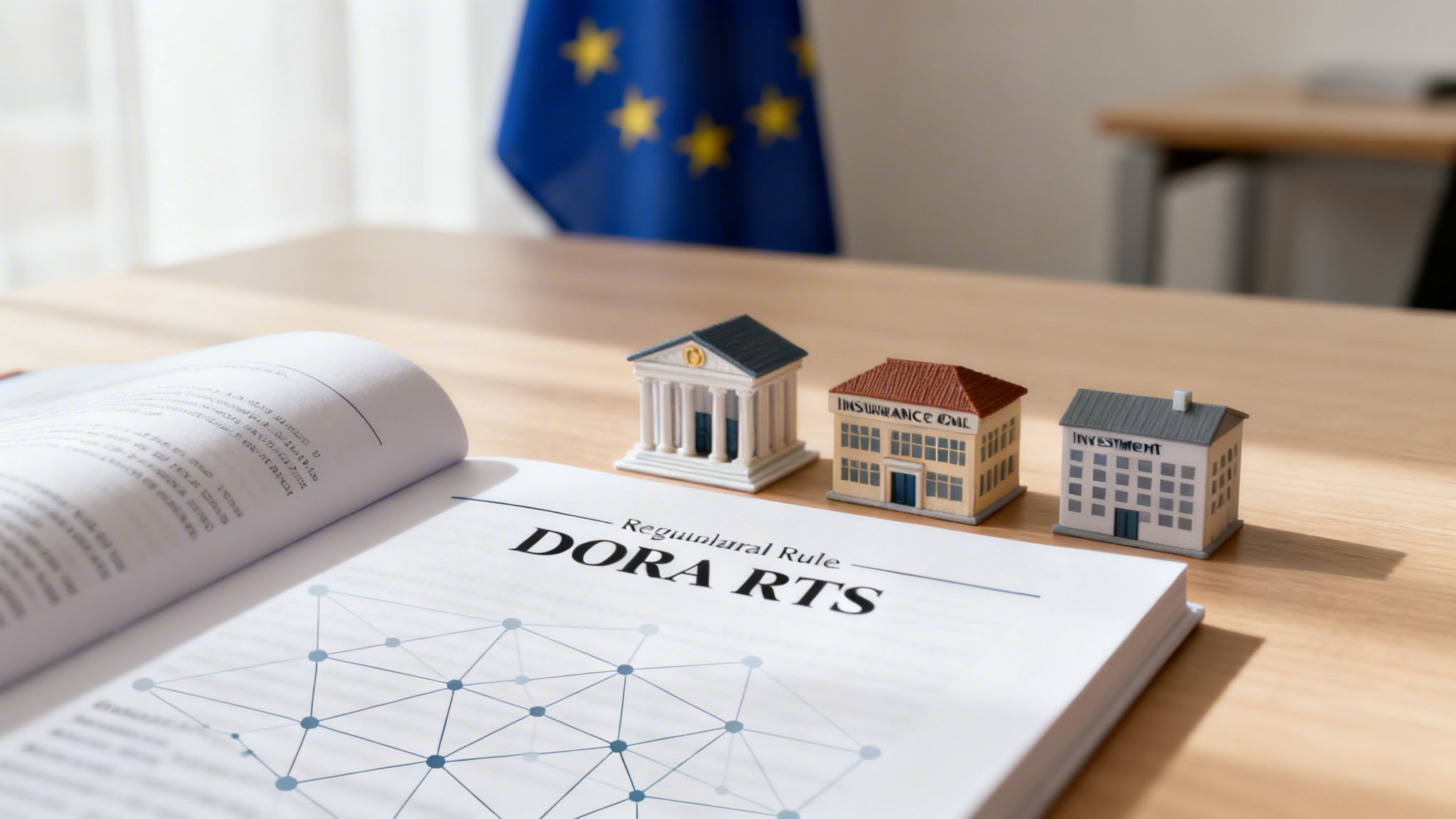 A book on DORA RTS regulation with miniature bank, insurance, and investment buildings, and an EU flag.