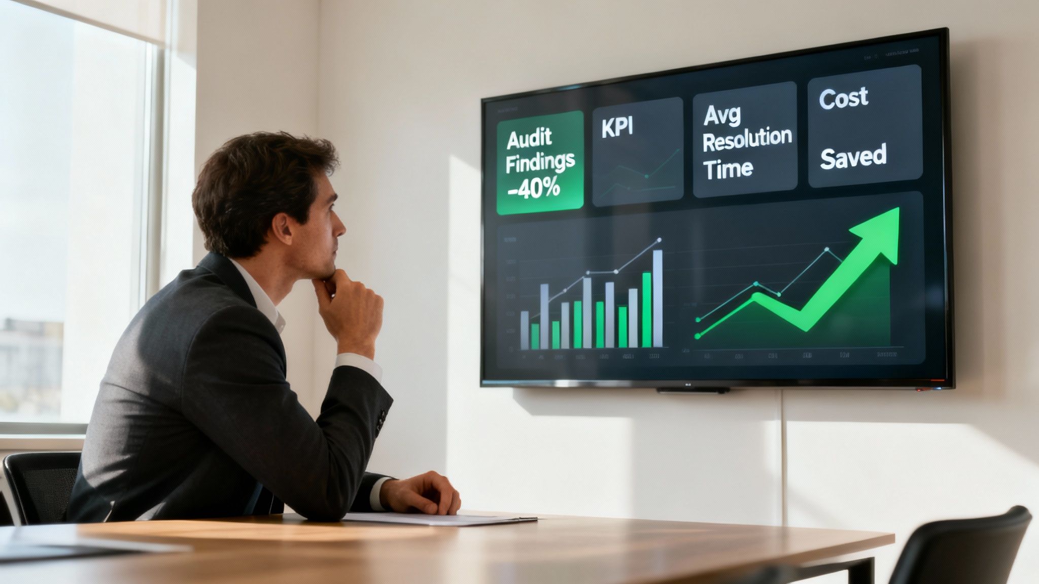 Thoughtful businessman analyzing a GRC dashboard displaying audit findings, KPIs, resolution time, and cost savings.