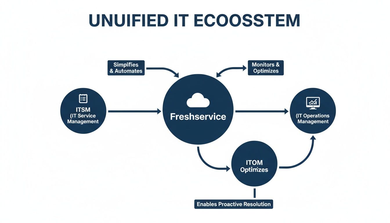 Diagram showing Freshservice unifying ITSM, ITOM, and IT Operations Management for an optimized IT ecosystem.