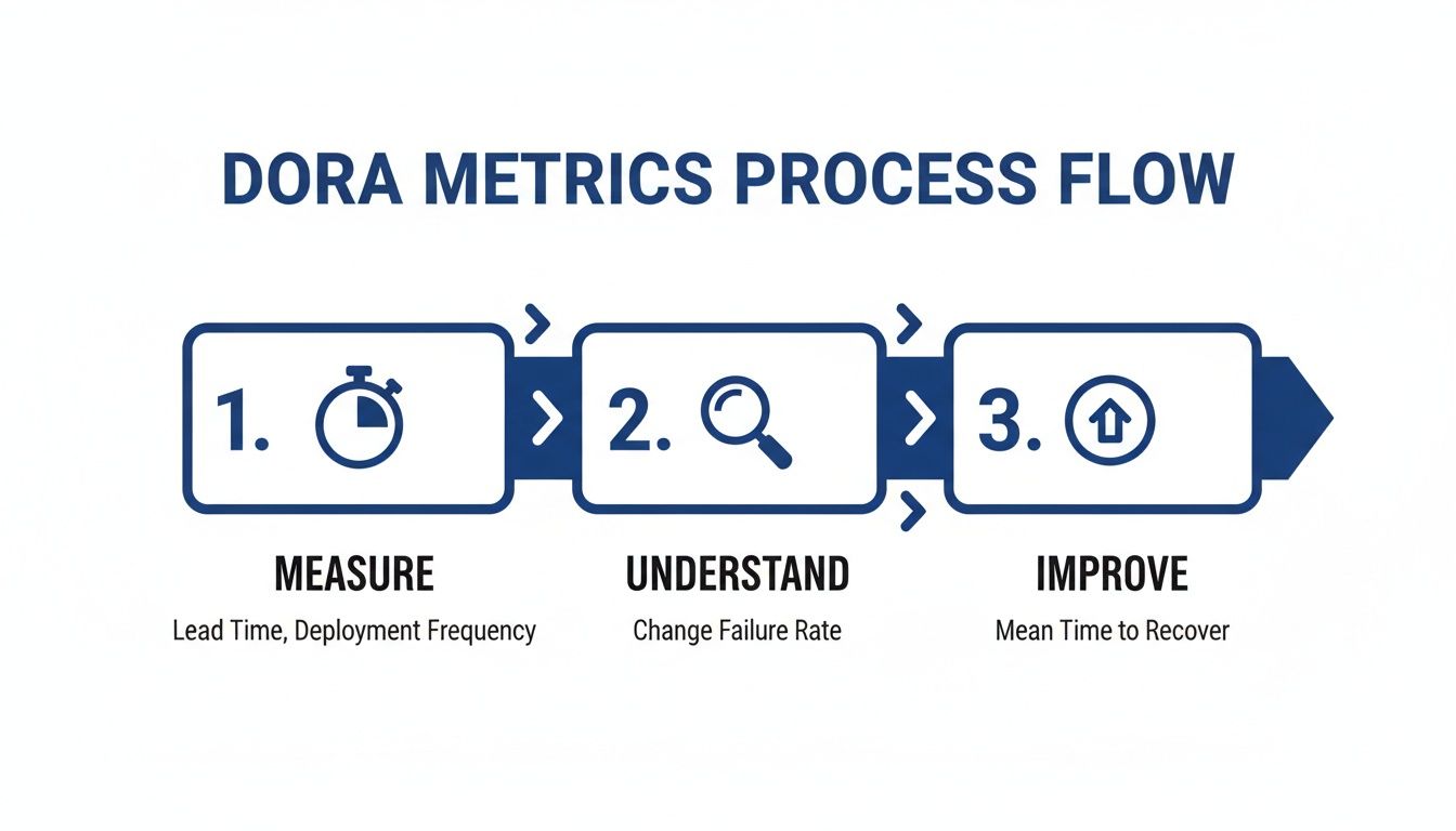 DORA metrics process flow diagram showing three steps: Measure, Understand, and Improve with associated metrics.