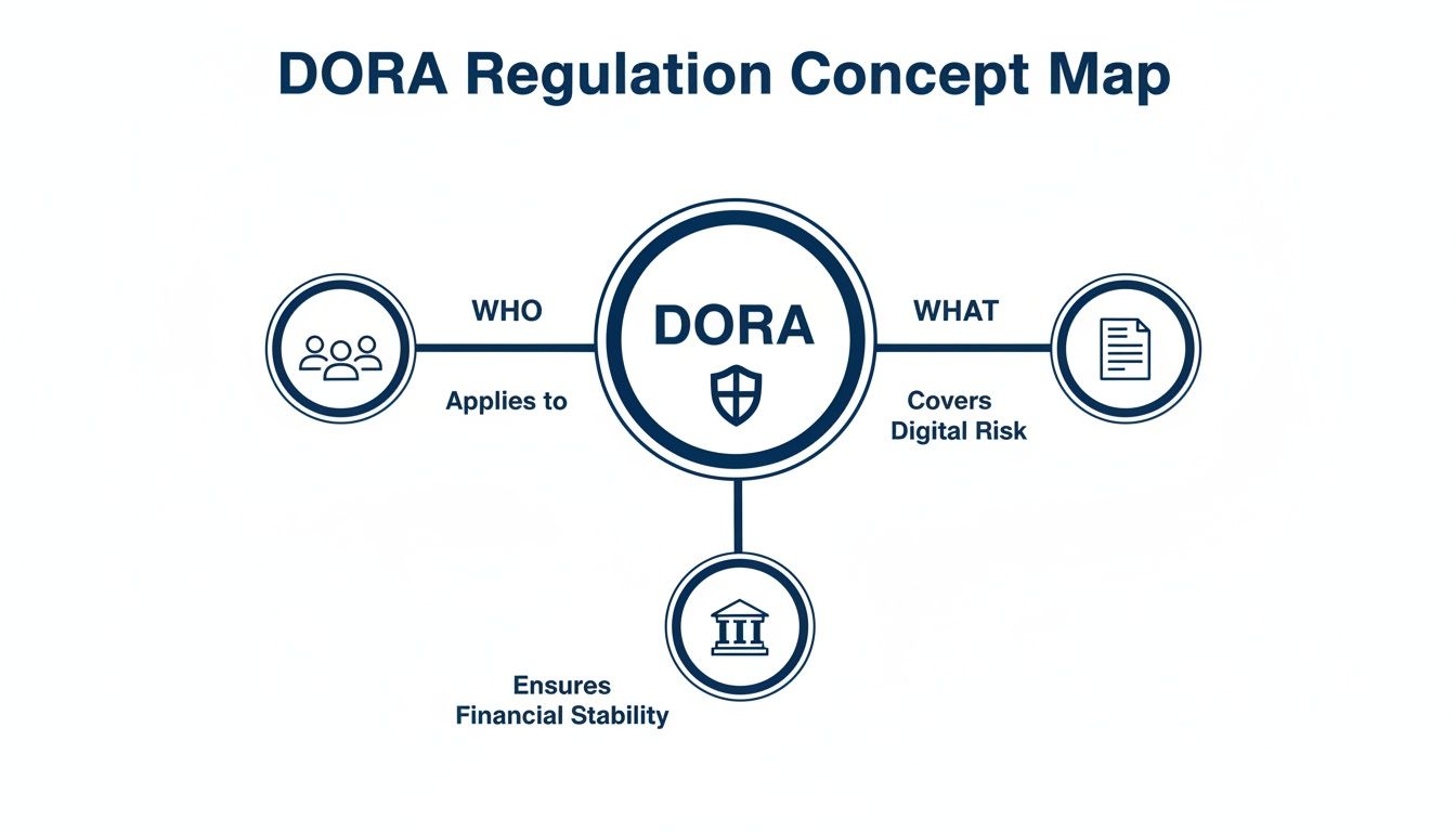 DORA Regulation concept map showing its scope: who it applies to, digital risks covered, and financial stability.