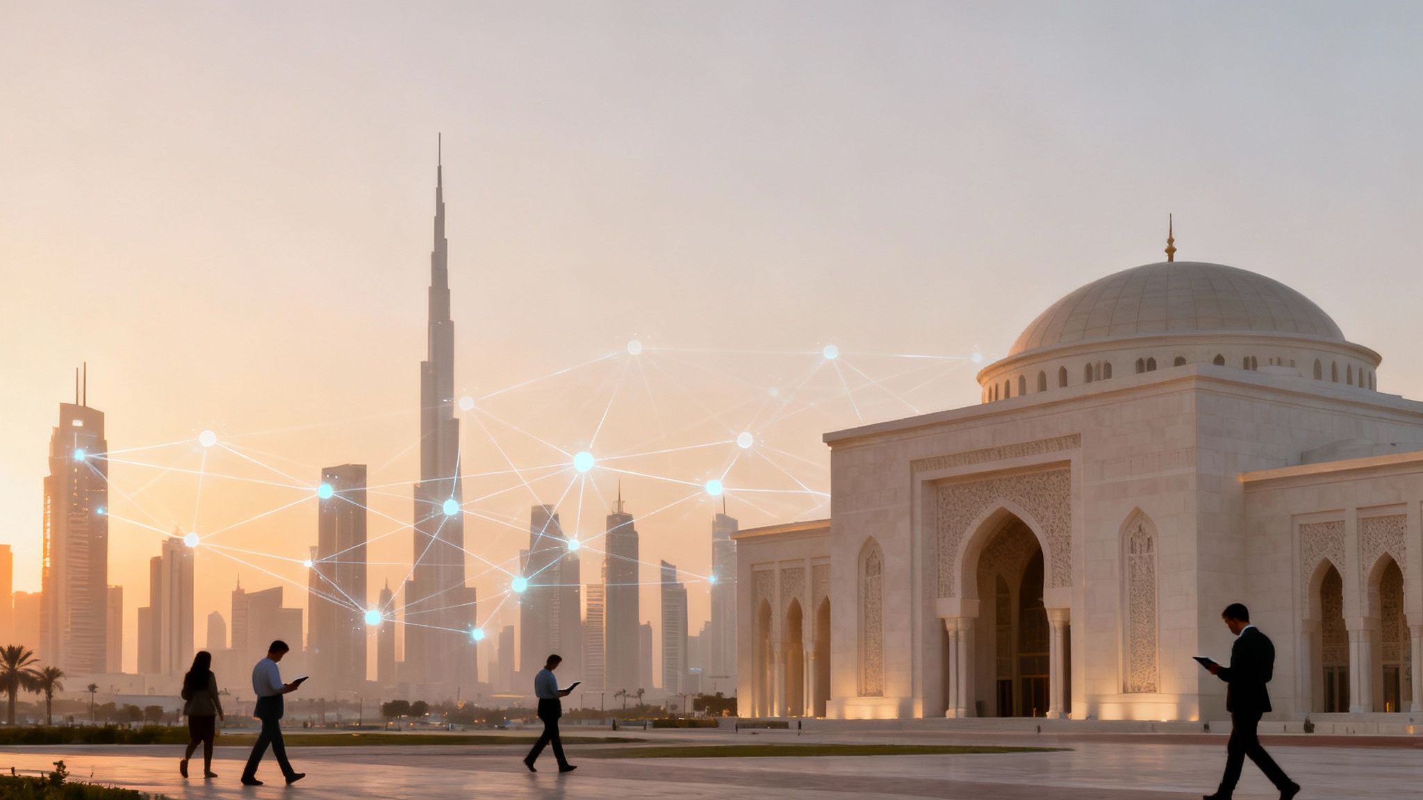 A futuristic cityscape at sunset featuring the Burj Khalifa and a mosque, with people and glowing digital network.
