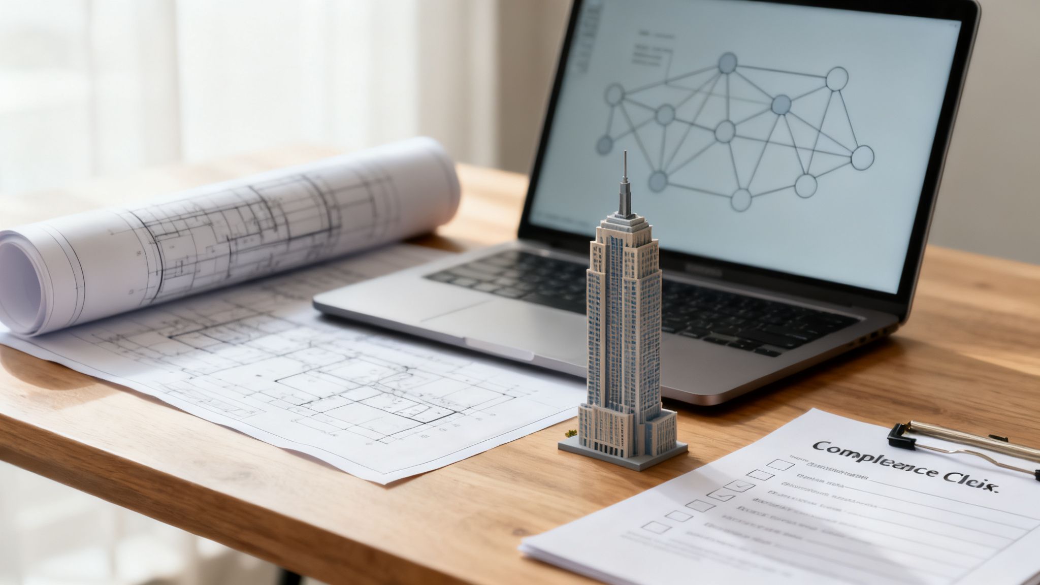 A desk with architectural blueprints, a laptop showing a network diagram, a building model, and a compliance checklist.
