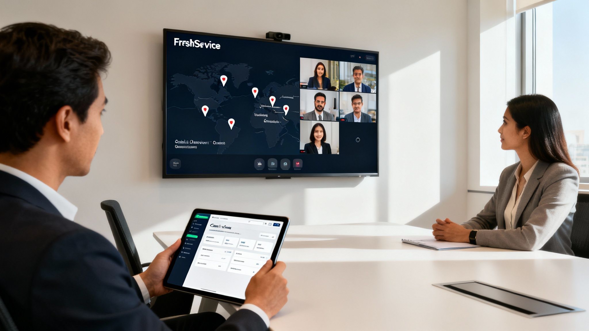 Two professionals in a meeting room, using a tablet and viewing a screen with a global map and video conference.