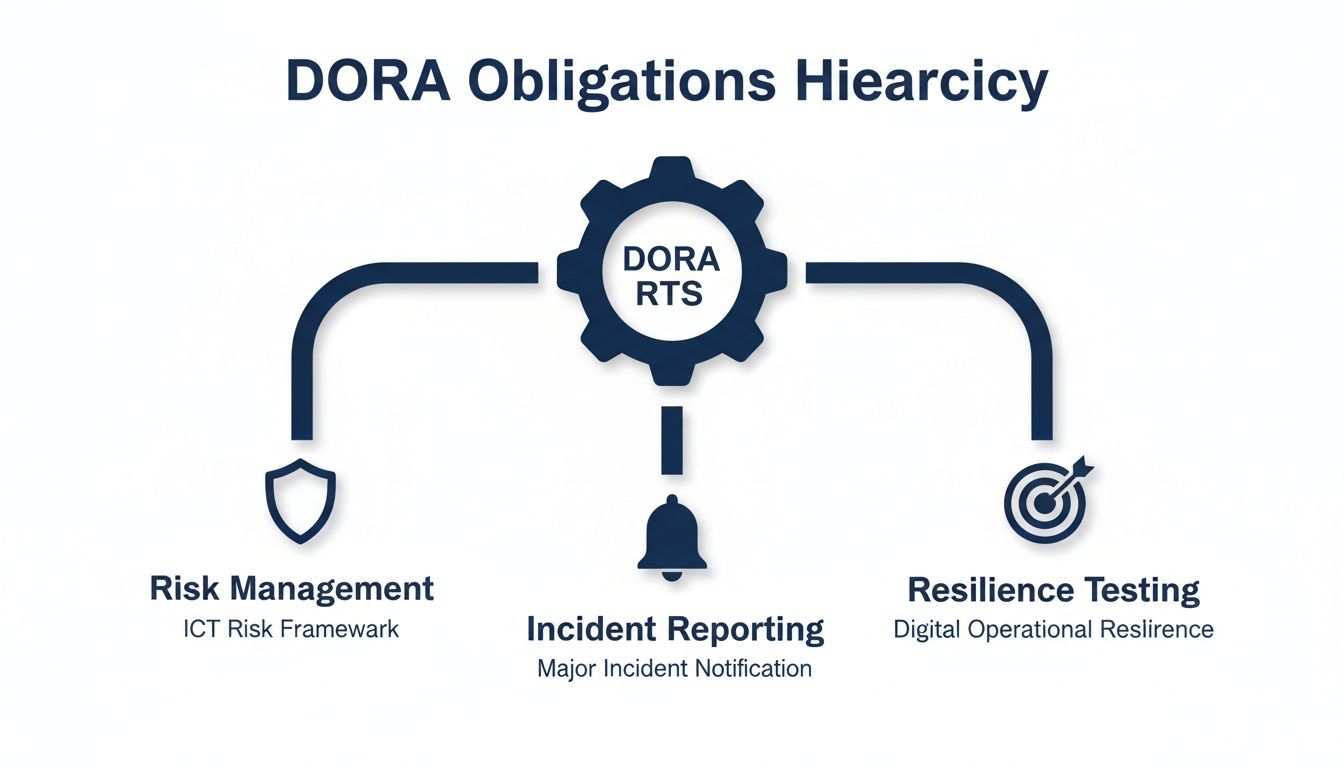 Diagram showing DORA Regulatory Technical Standards (RTS) obligations: Risk Management, Incident Reporting, and Resilience Testing.
