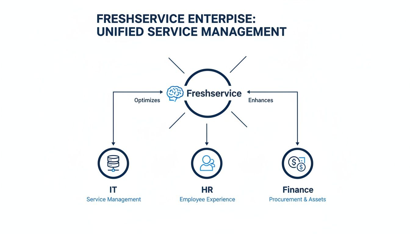Freshservice Enterprise unifies IT service management, HR employee experience, and Finance procurement &amp; assets.