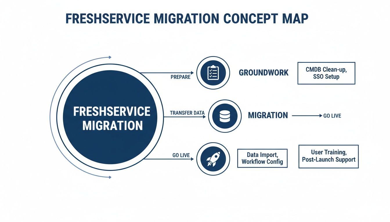 A concept map illustrating the Freshservice migration process, detailing steps from groundwork to post-launch support.