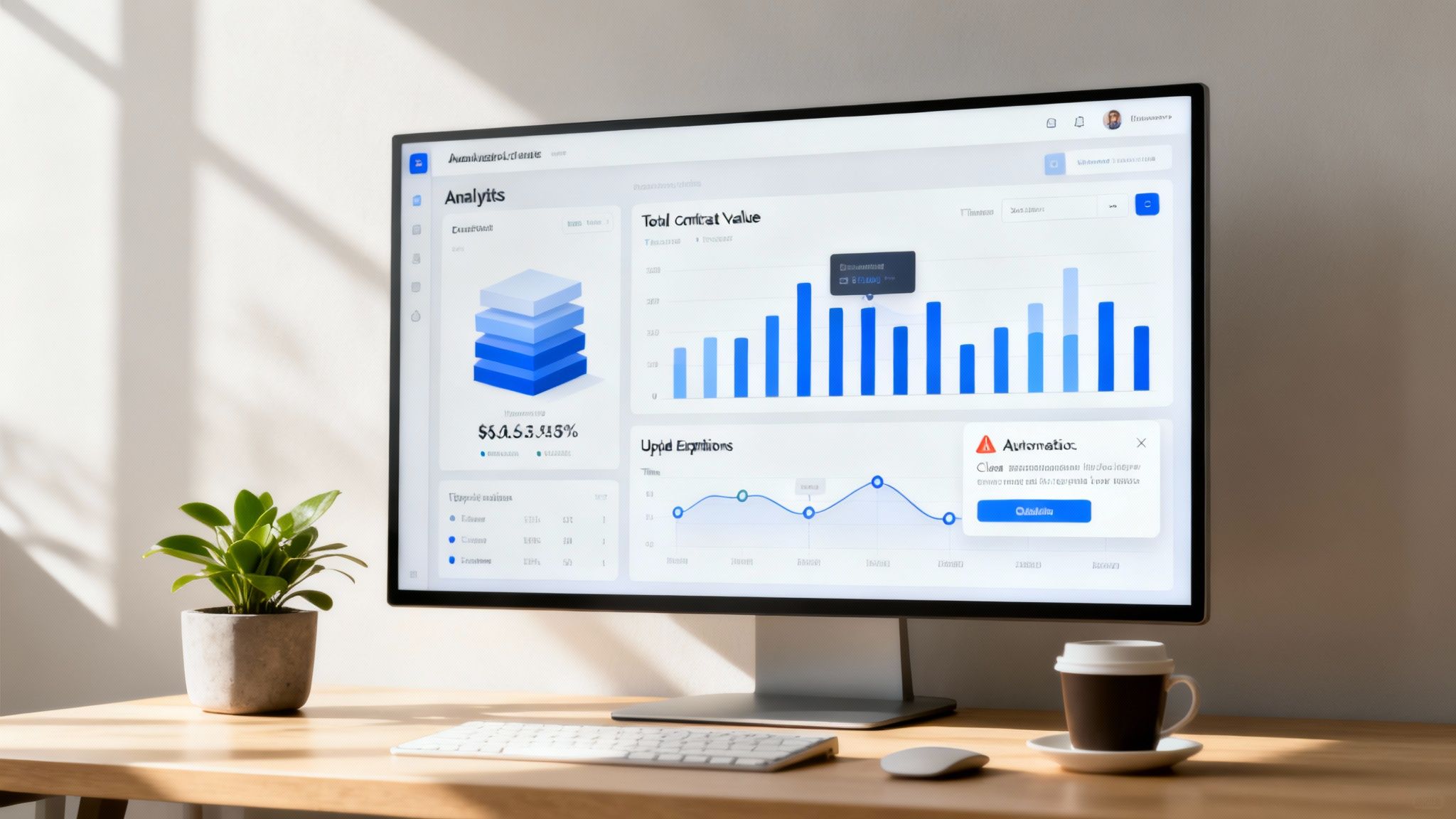A monitor on a wooden desk displays a business analytics dashboard with charts and data.