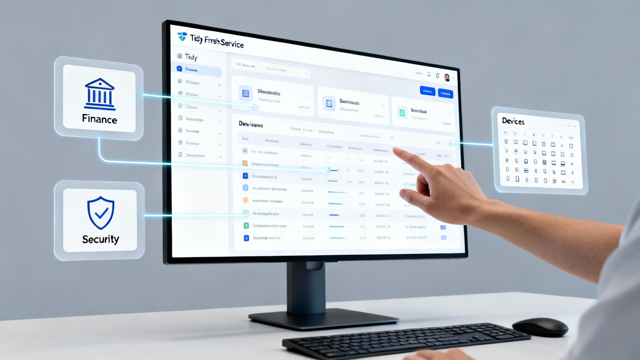 A person interacts with a computer monitor displaying a 'Tidy FreshService' dashboard, connected to floating finance, security, and device cards.