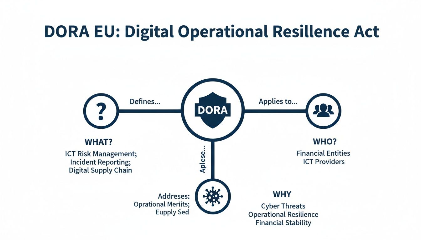 Diagram explaining DORA EU Digital Operational Resilience Act, detailing its scope, application, and purpose.