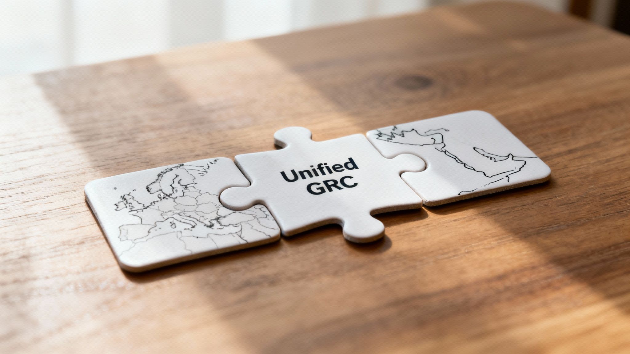 Three white puzzle pieces on a wooden table, one says 'Unified GRC' and two show world maps.