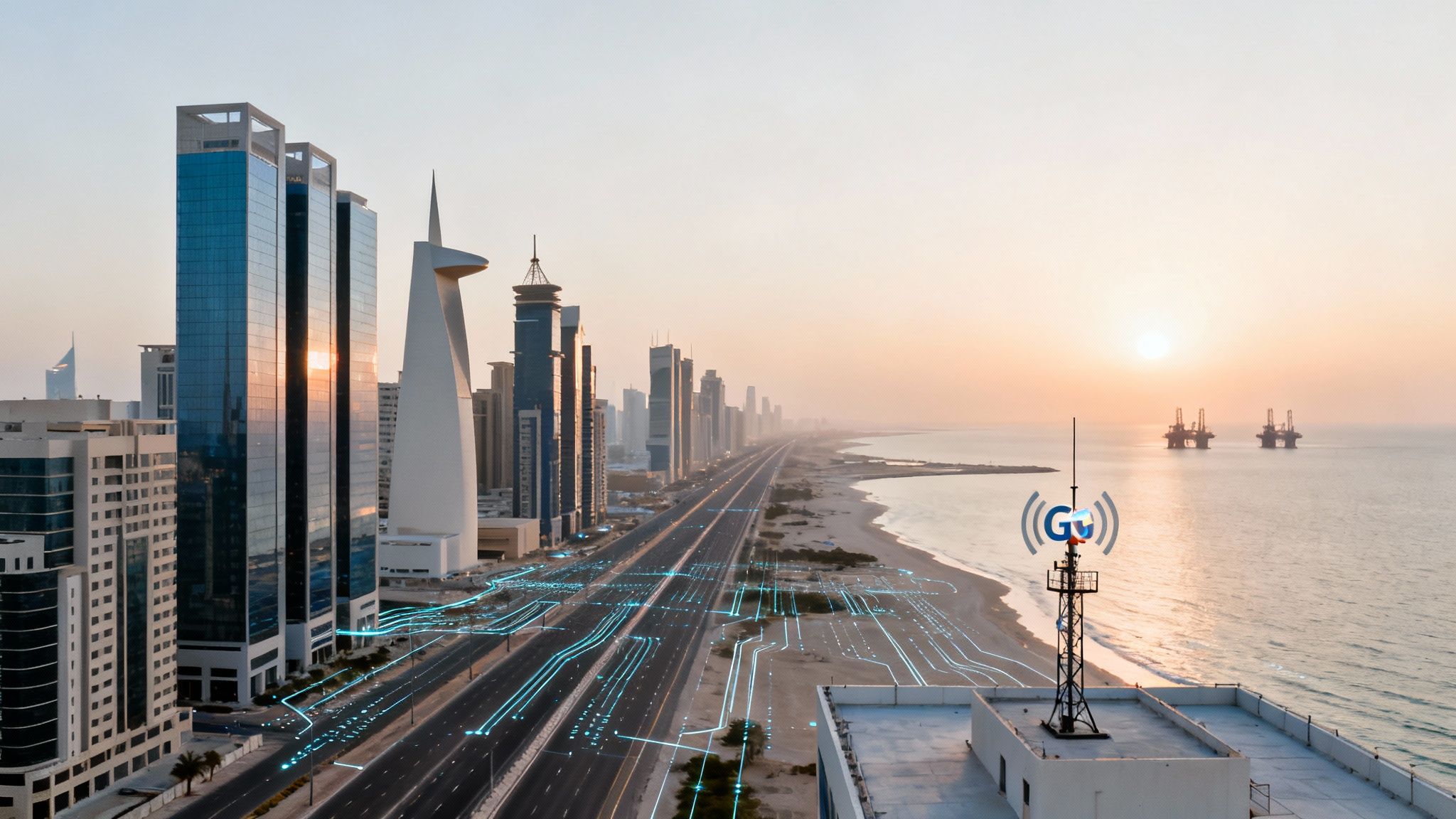 Futuristic city skyline at sunset with digital lines over a highway, beach, and 5G tower.