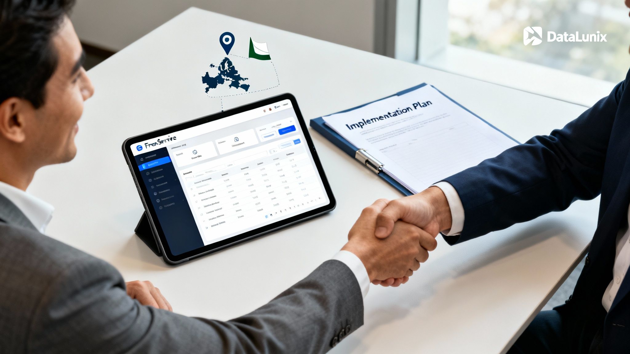 Businessmen shaking hands, with a tablet displaying a software dashboard and an implementation plan.