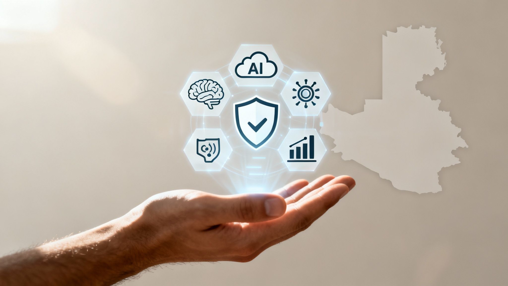 A hand displays cyber security and AI icons over a map of Oman, symbolizing digital protection.