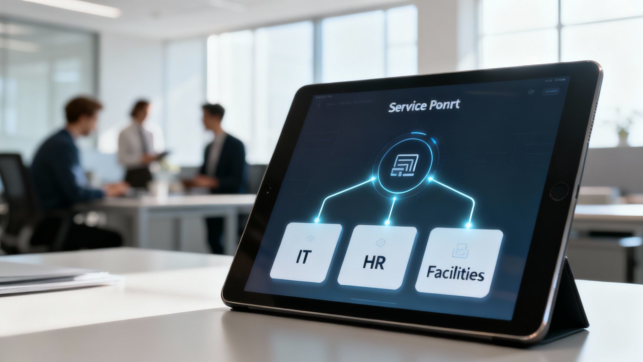 A tablet displays a 'Service Point' interface with options for IT, HR, and Facilities in a modern office.