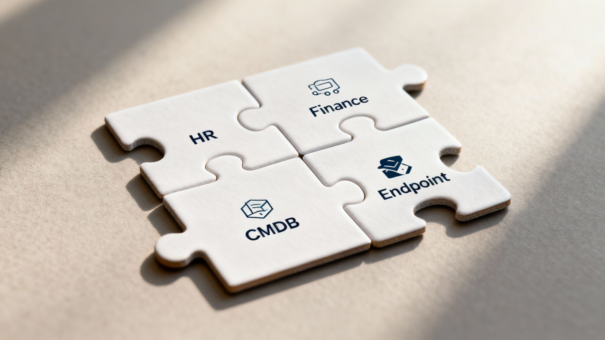 Four white puzzle pieces labeled HR, Finance, CMDB, and Endpoint, symbolizing business function integration.