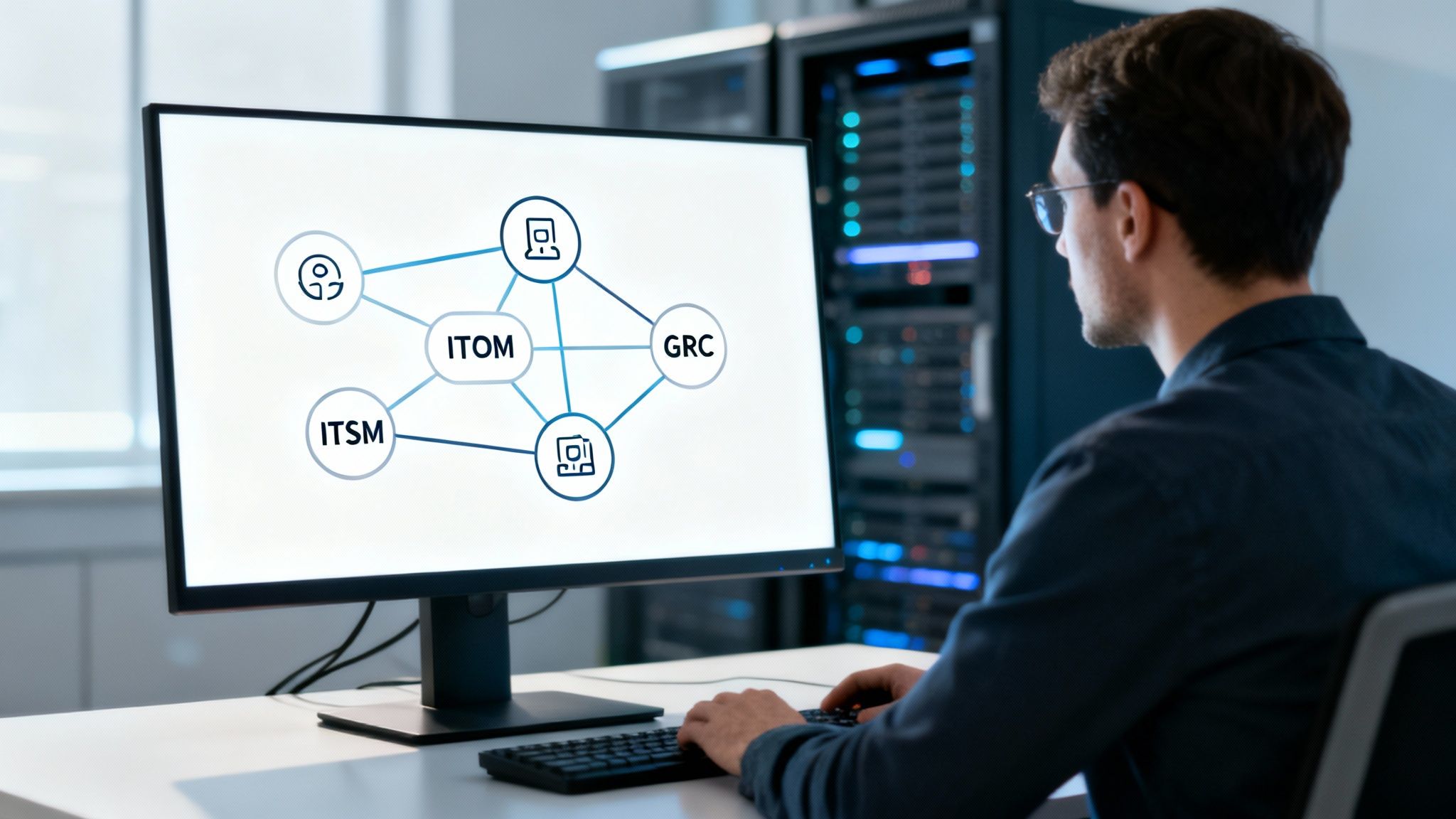 Man in server room views computer screen with ITOM, ITSM, GRC diagram.
