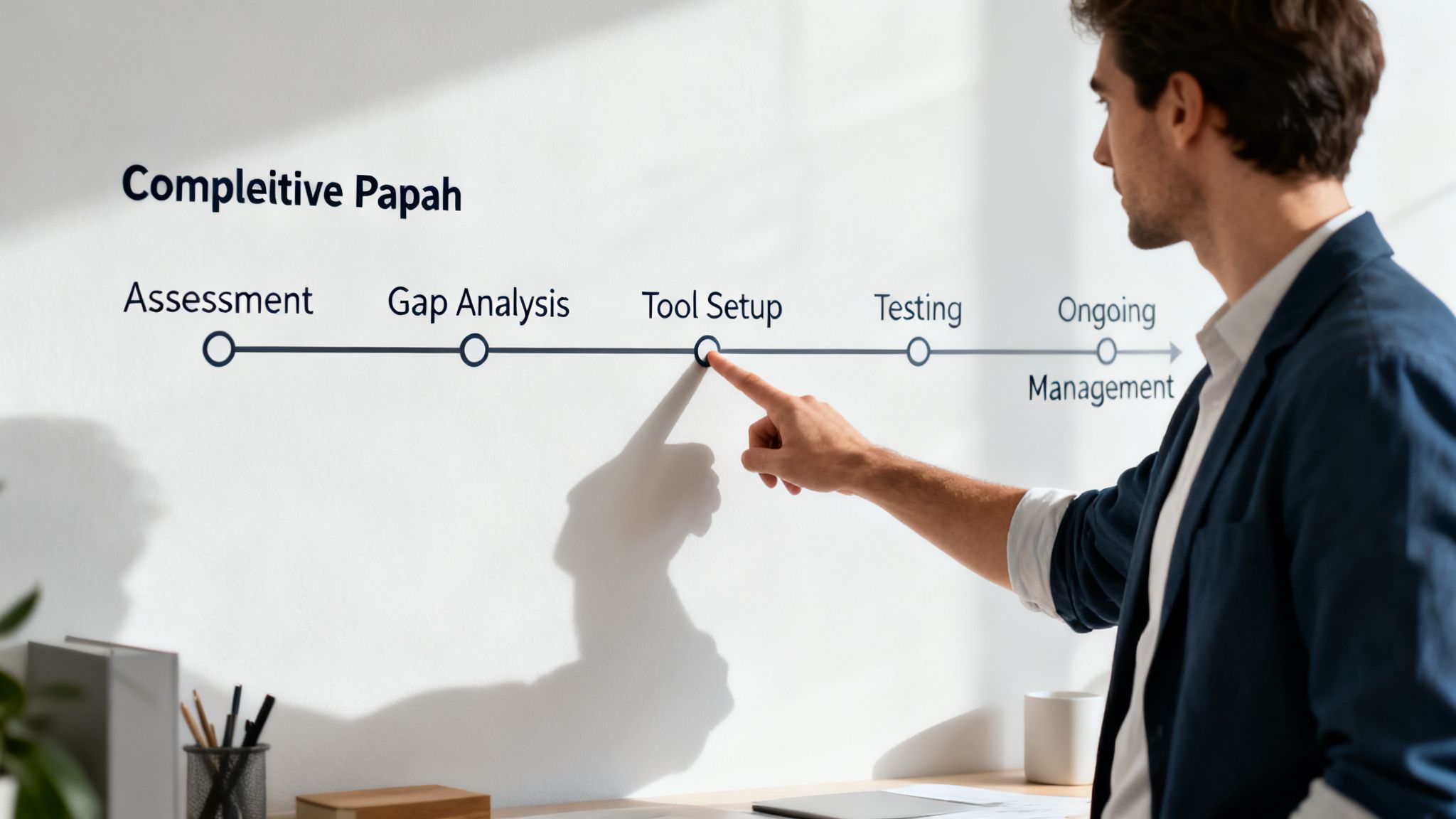 Man pointing at 'Tool Setup' on a five-step business process timeline on a wall.