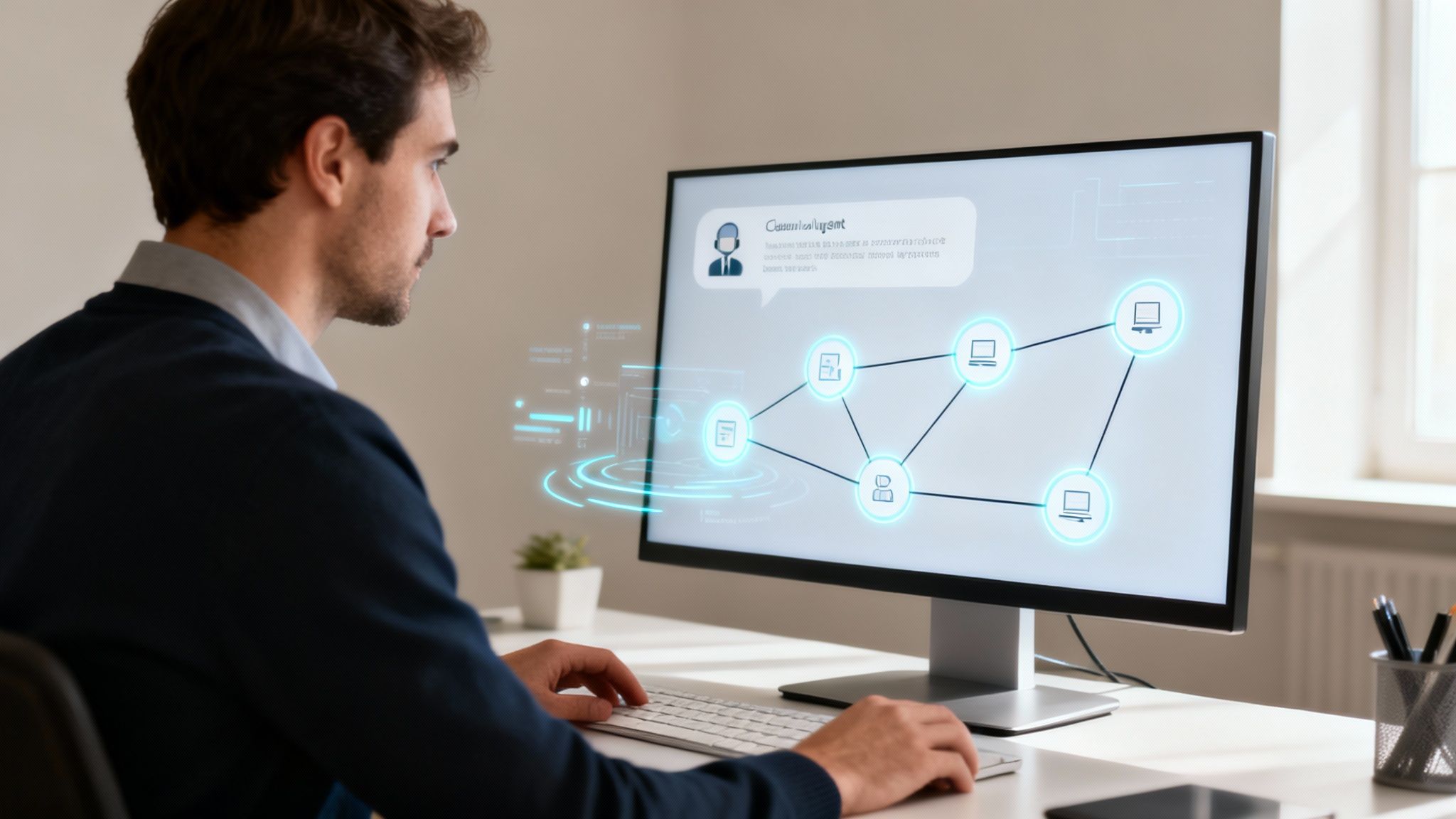 A man works on a computer, viewing a network diagram and a customer support chat interface.