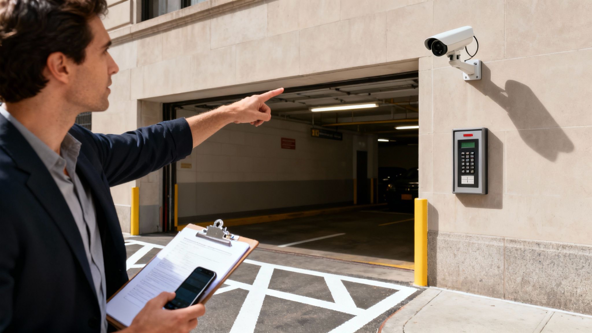 A person using a smartphone to search for parking, with a map of Manhattan in the background.