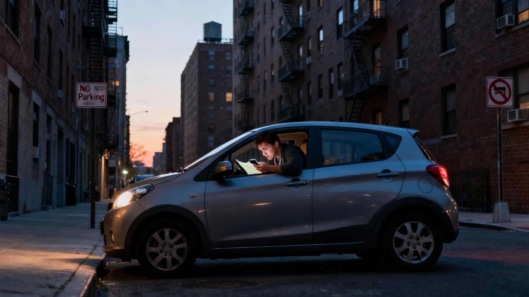 A busy Manhattan street with yellow taxis and traffic, illustrating the difficulty of finding parking.