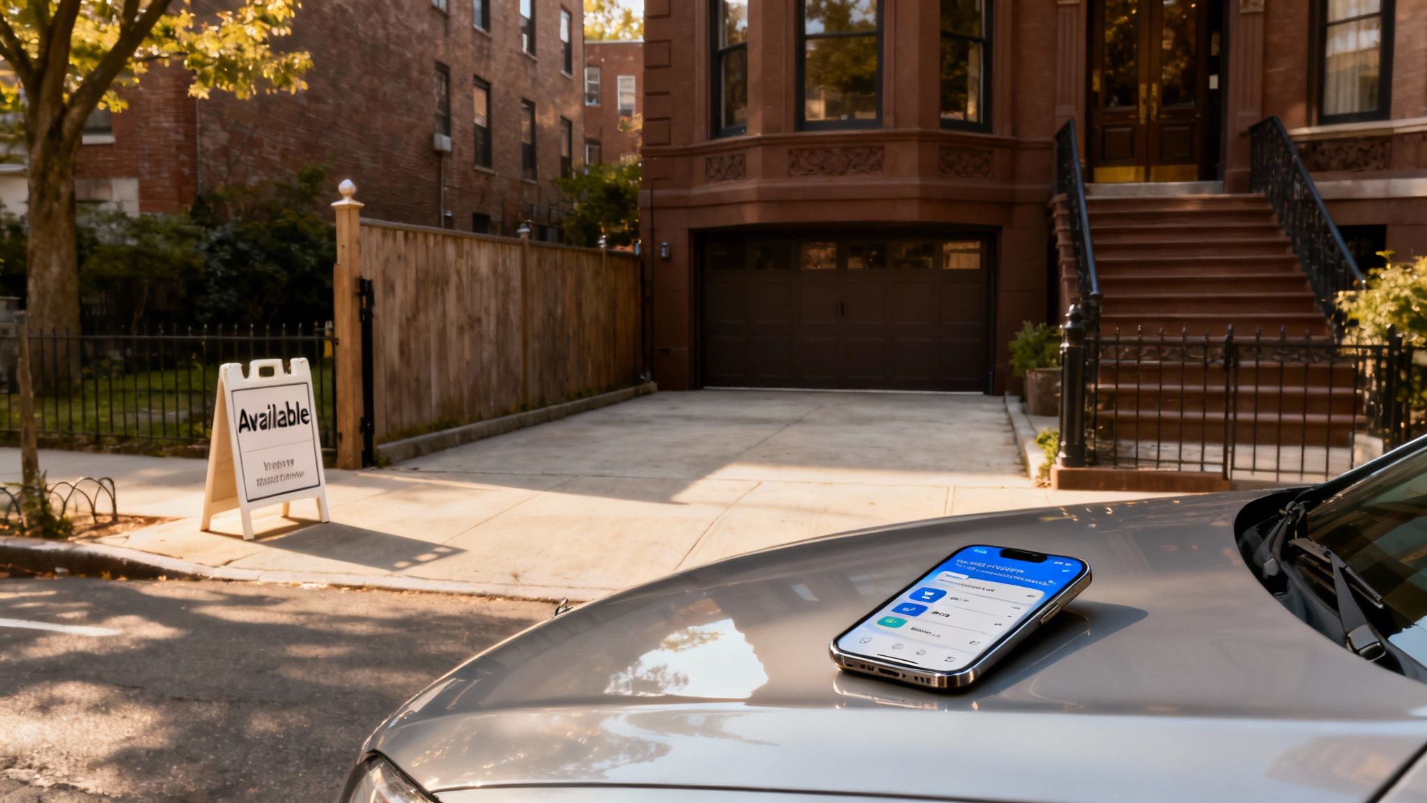 A clean, empty residential garage space with the door open, ready to be rented.