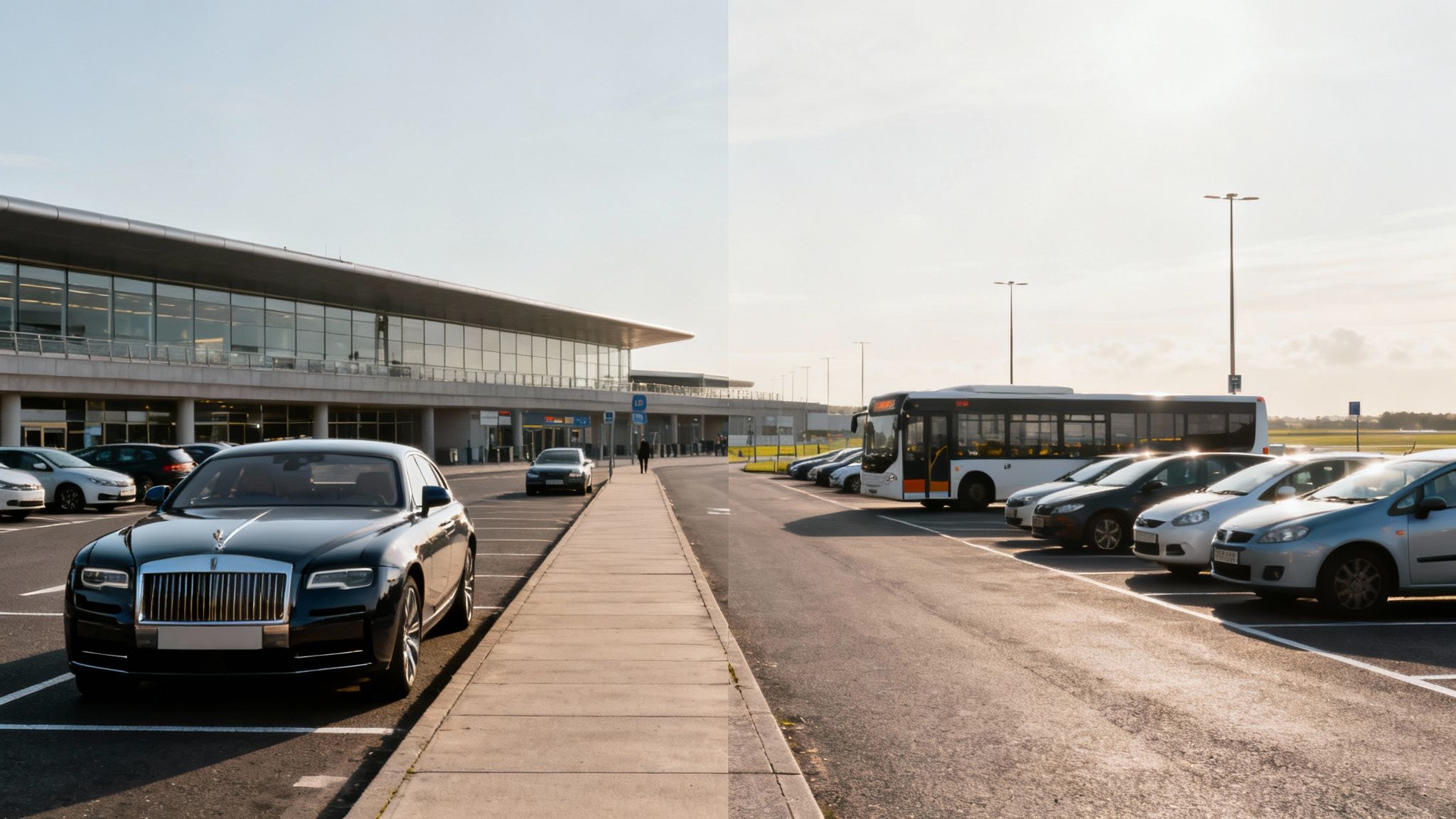 Cars neatly arranged in a large, modern airport car park facility.