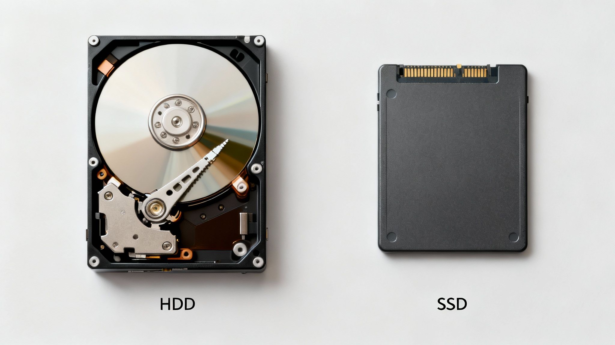 Un disque dur externe SSD à côté d'un disque dur externe HDD, montrant la différence de taille et de design.