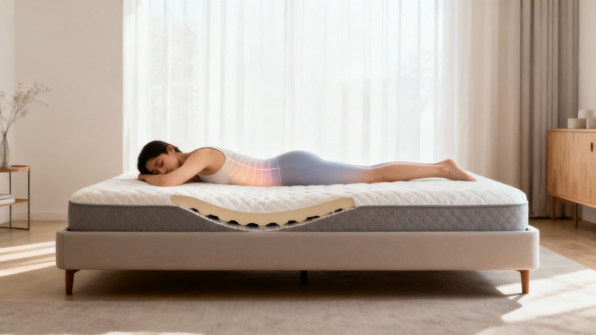 Personne dormant confortablement sur un matelas de qualité, illustrant le soutien dorsal.