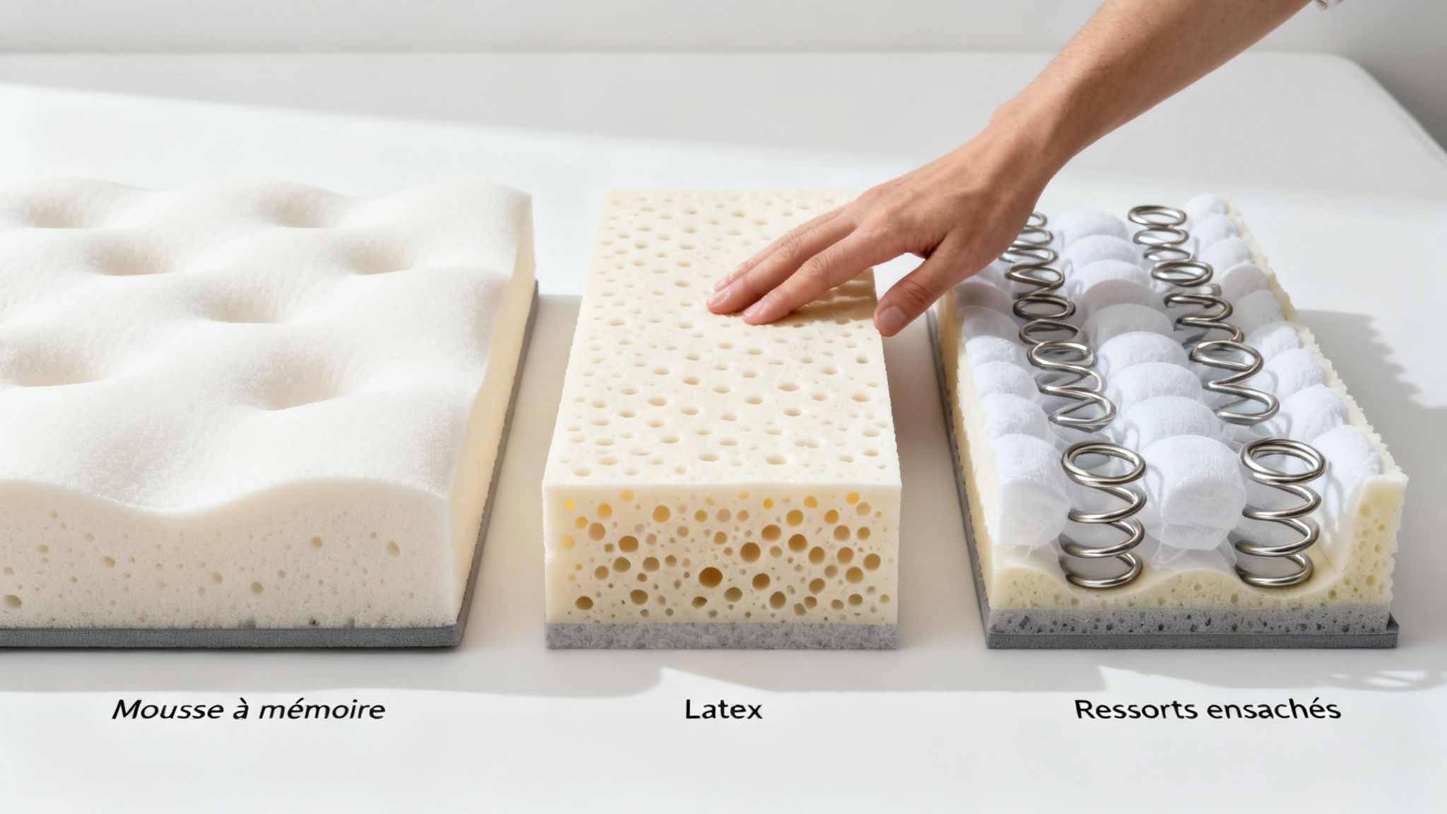 Gros plan sur les différentes couches technologiques d'un matelas orthopédique.