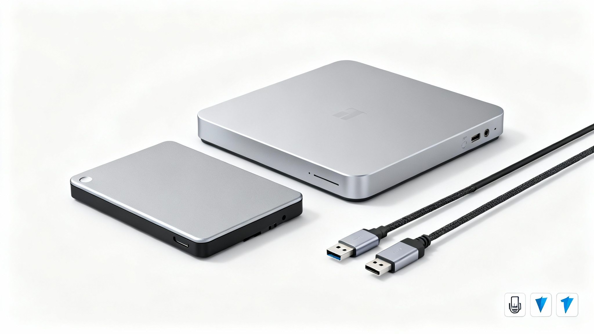Un disque dur externe SSD portable connecté à un ordinateur portable via un câble USB-C.