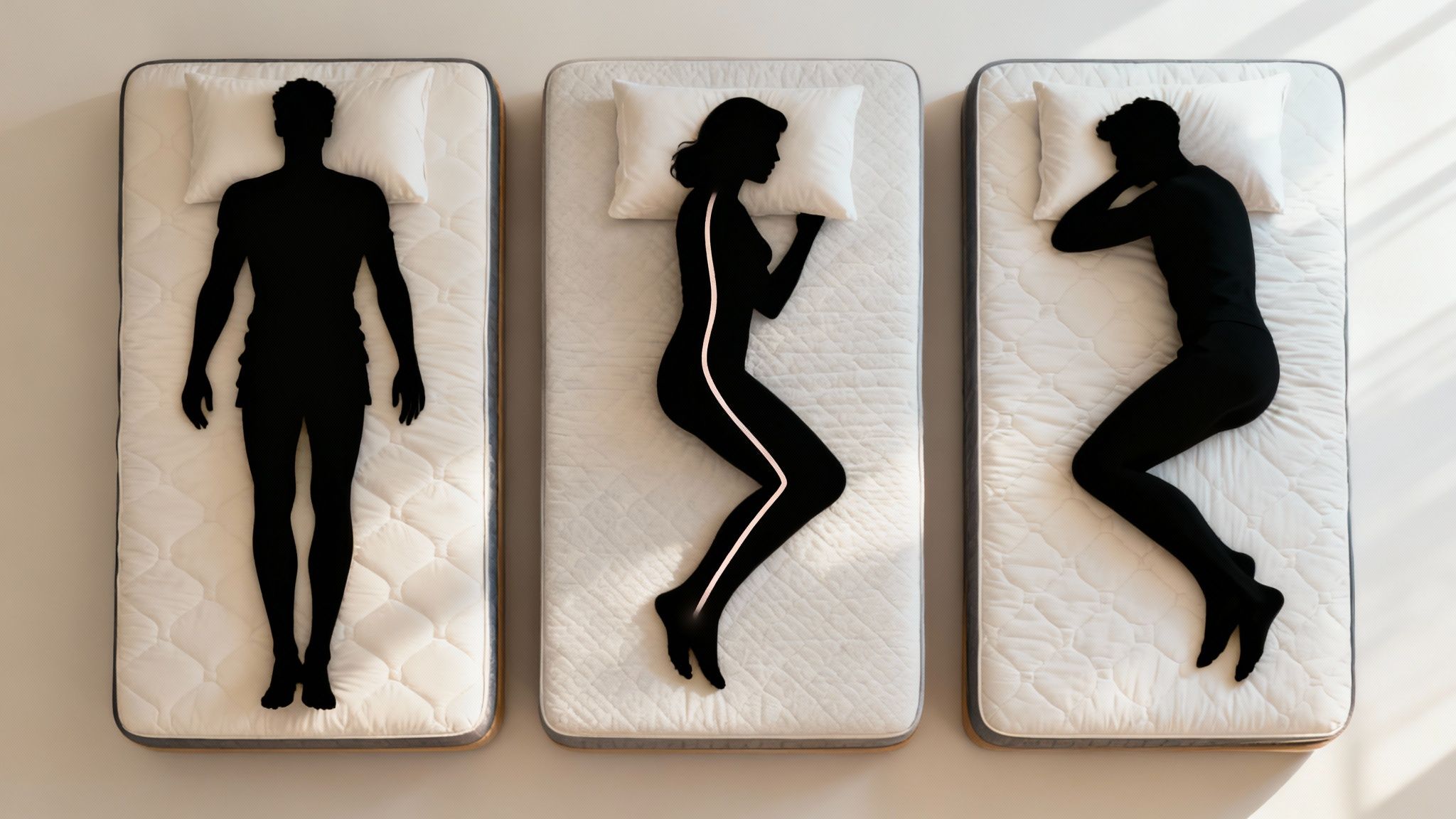 Personne dormant dans différentes positions, illustrant l'alignement de la colonne vertébrale.