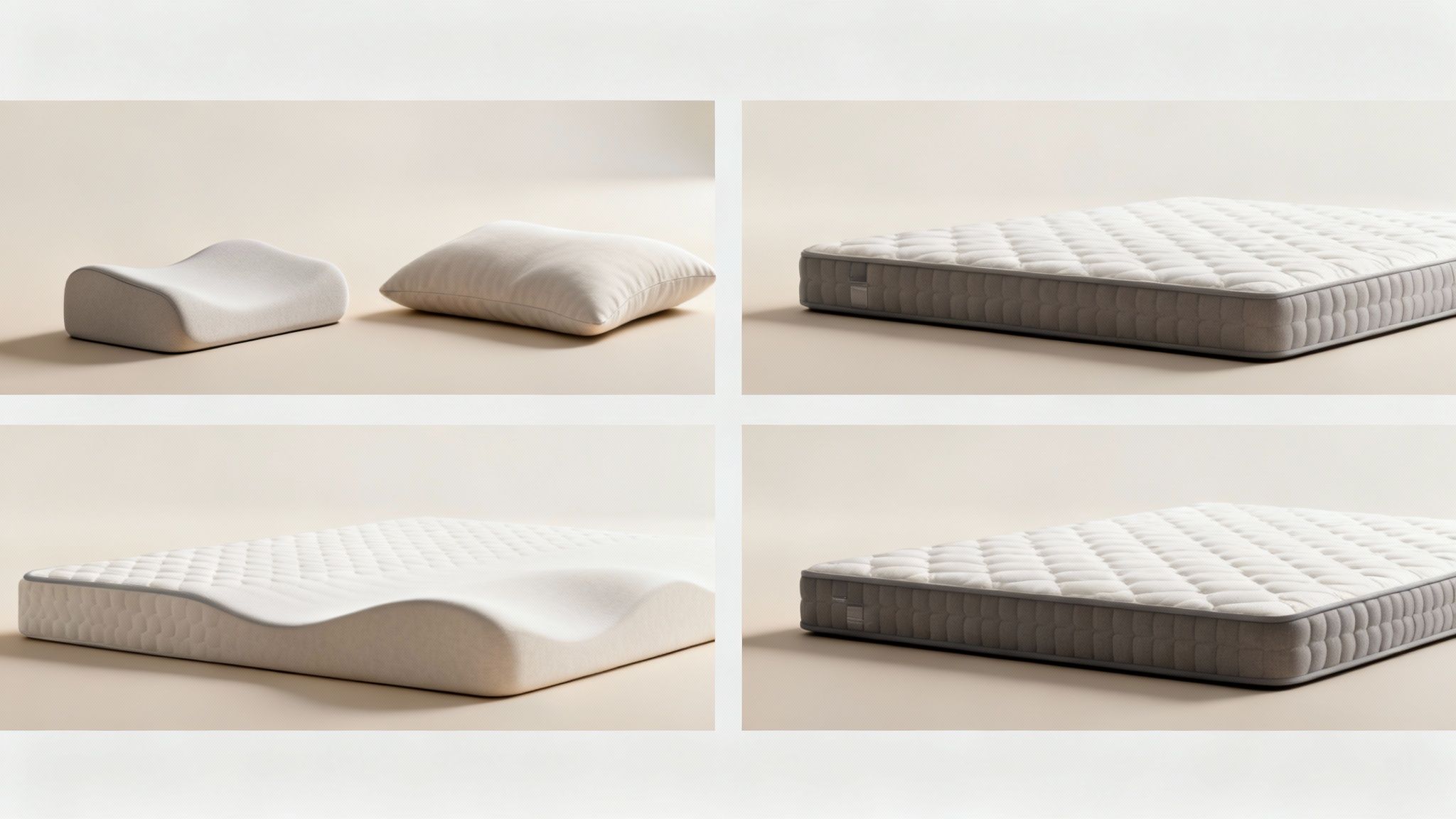 Vue de dessus de plusieurs matelas aux textures différentes, symbolisant le choix par type de douleur.