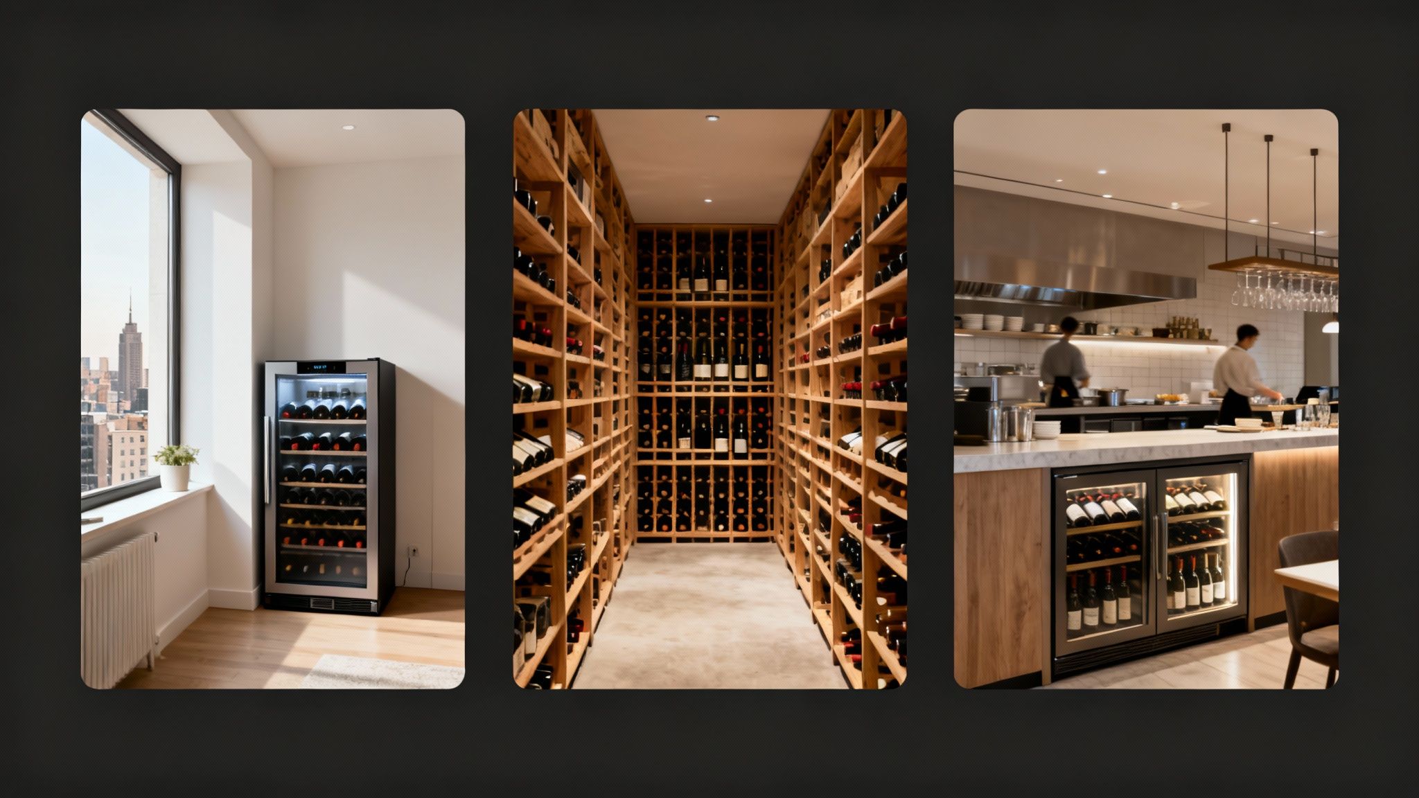 Un homme examinant une bouteille de vin devant une cave à vin bien remplie