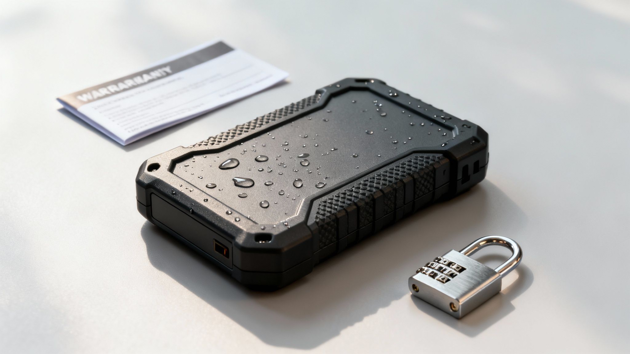 Un disque dur externe robuste avec un cadenas numérique affiché sur son boîtier, posé sur une surface sombre.