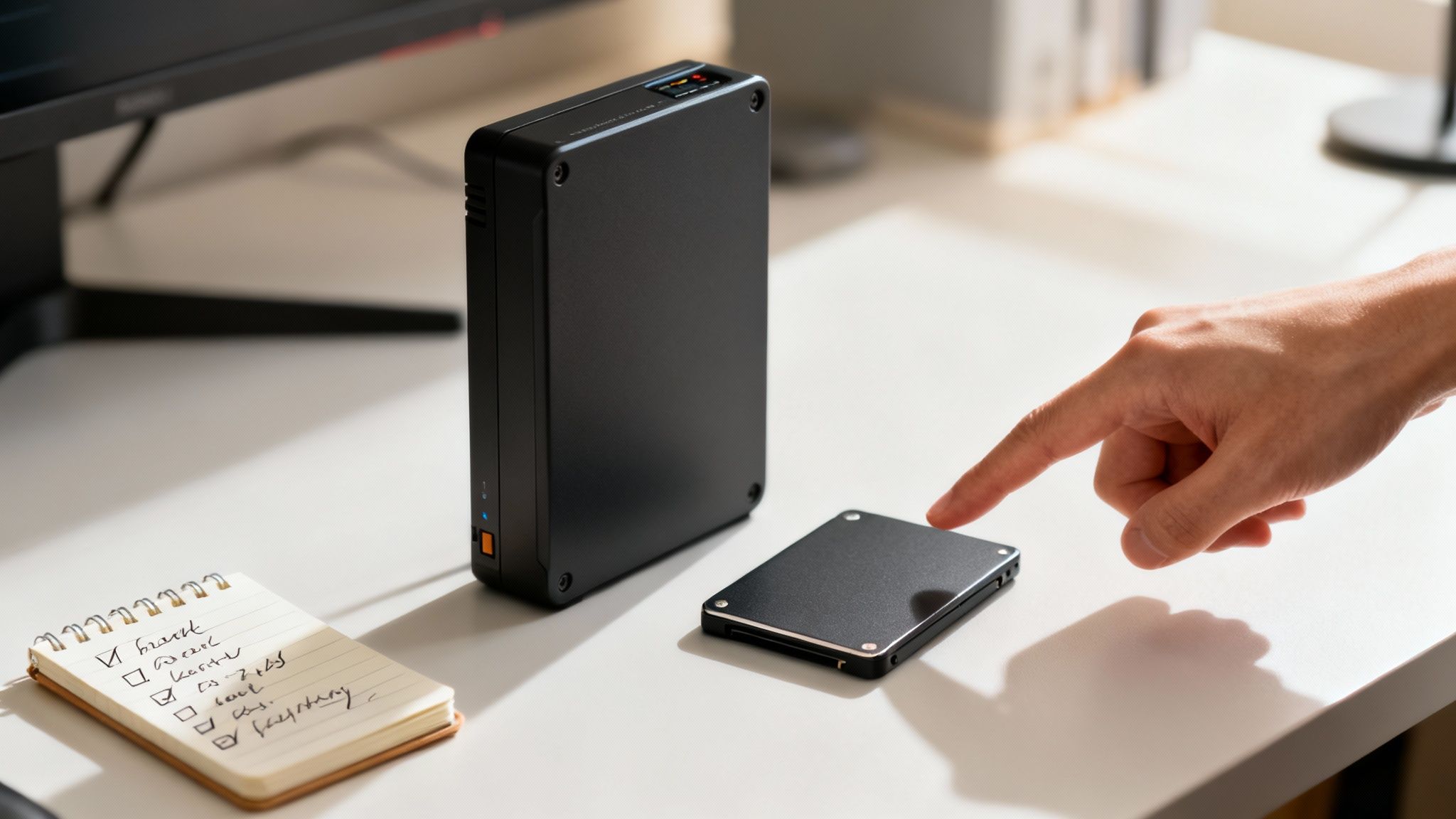 Plusieurs disques durs externes connectés à un ordinateur portable sur un bureau en bois.