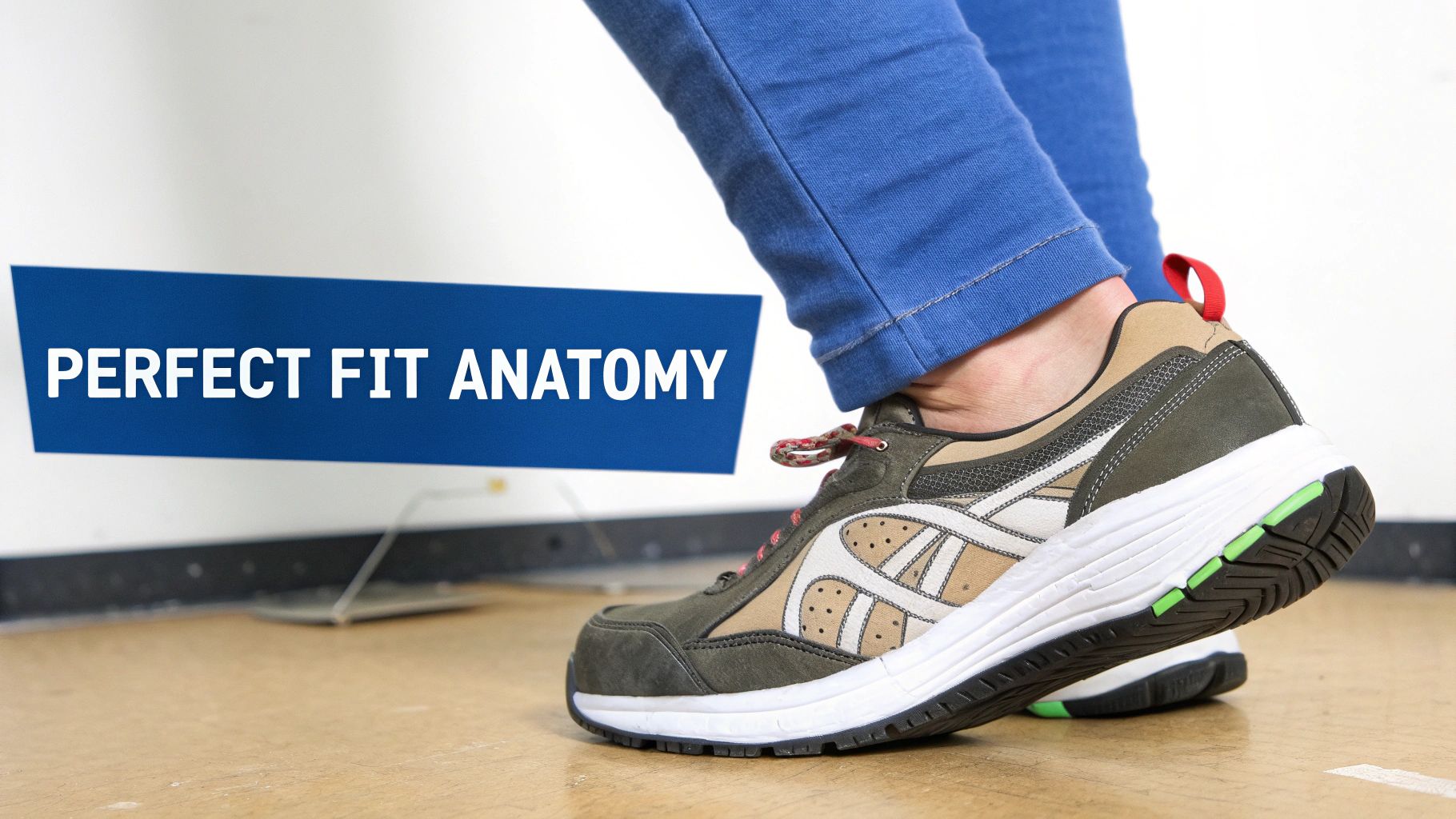 A person's foot in a brown and beige sneaker, with a blue banner displaying 'PERFECT FIT ANATOMY'.