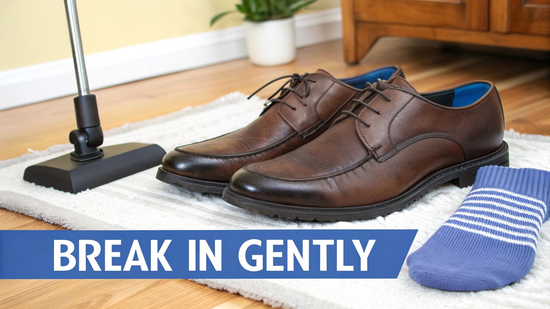 A pair of brown leather dress shoes and a blue striped sock on a white rug.