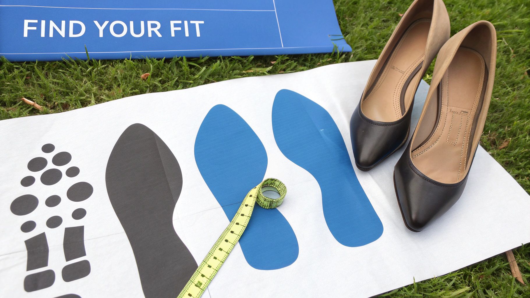 A pair of black and tan high heels on a shoe sizing chart with a measuring tape.