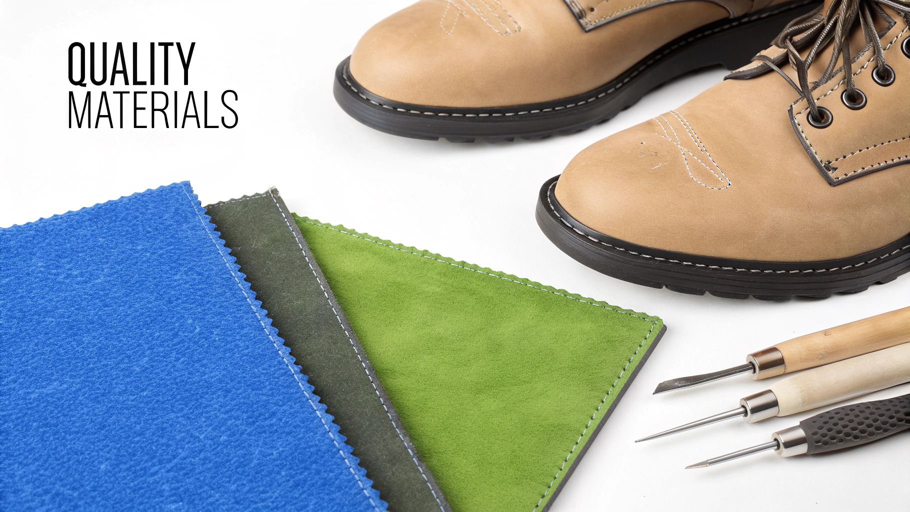 Tan leather boots with colorful suede swatches and crafting tools, highlighting quality materials.